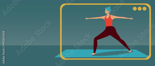 Yoga blog, copy space template, flat vector stock illustration with blogger doing yoga online and gadget, phone, laptop, tablet