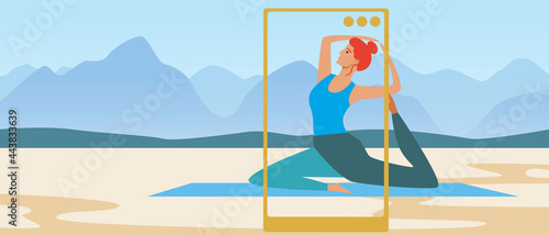Yoga blogger training, copy space template, flat vector stock illustration with woman doing yoga asanas and phone as gadget for video blog