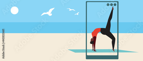 Yoga blogger working, copy space template, Flat vector stock illustration with Woman with yoga asana online as Profession blogger