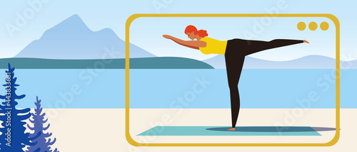 Yoga in the mountains online, copy space template, flat vector stock illustration with woman doing yoga asanas and gadget for video