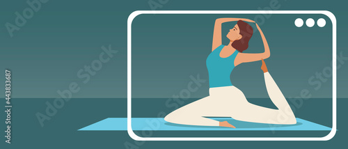 Yoga over the Internet, copy space template, Flat vector stock illustration with Young woman with yoga asana online and Internet technologies