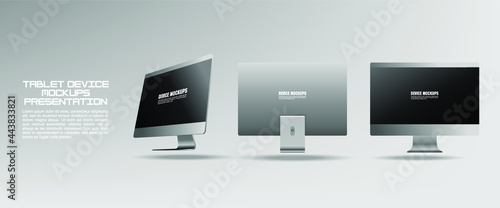 Realistic desktop mockup with black screen in different positions. Monoblock. Presentation of a new generation computer. Illustration