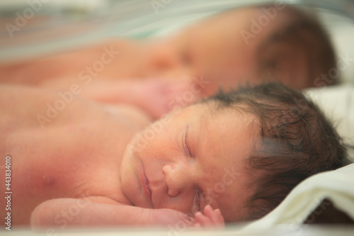 The face of a newborn baby behind the glass of a medical box.