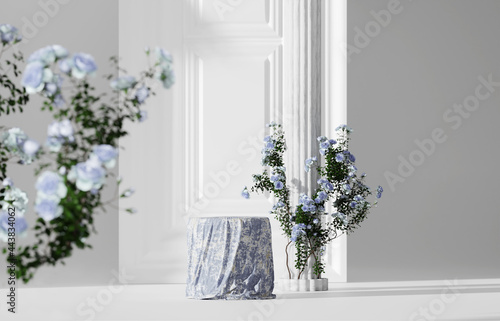 3D background  cloth podium display. Blue nature rose flower blossom. White feminine summer and spring pedestal showcase for beauty product  cosmetic promotion. Abstract luxury garden mockup 3D render