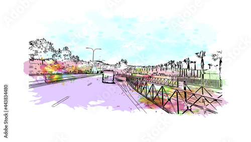 Building view with landmark of Ibiza town is the capital of Ibiza. Watercolor splash with hand drawn sketch illustration in vector.