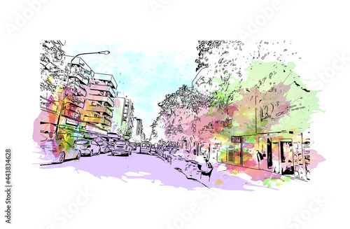 Building view with landmark of Ibiza town is the capital of Ibiza. Watercolor splash with hand drawn sketch illustration in vector.