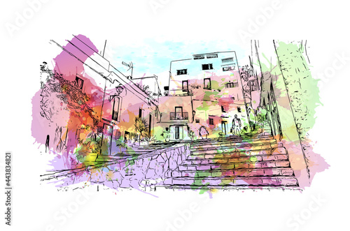 Building view with landmark of Ibiza town is the capital of Ibiza. Watercolor splash with hand drawn sketch illustration in vector.