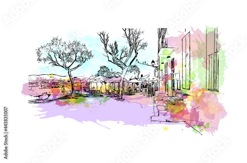 Building view with landmark of Ibiza town is the capital of Ibiza. Watercolor splash with hand drawn sketch illustration in vector.