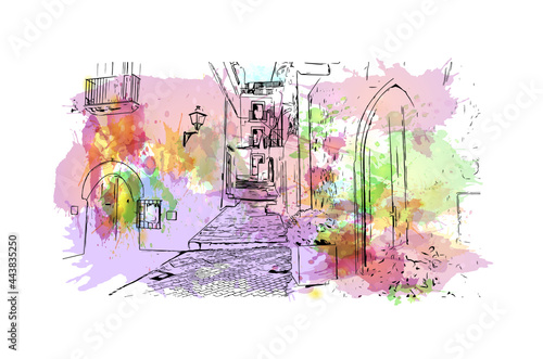 Building view with landmark of Ibiza town is the capital of Ibiza. Watercolor splash with hand drawn sketch illustration in vector.