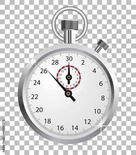Realistic stopwatch isolated on checkered background. Vector