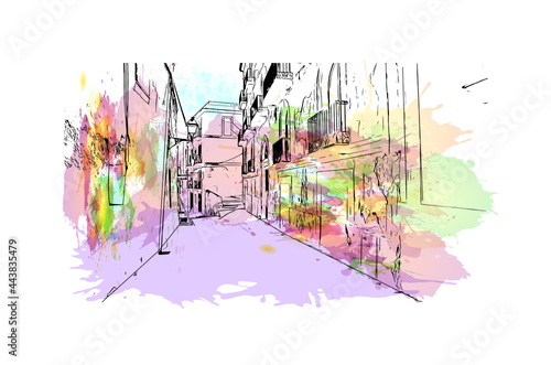 Building view with landmark of Ibiza town is the capital of Ibiza. Watercolor splash with hand drawn sketch illustration in vector.