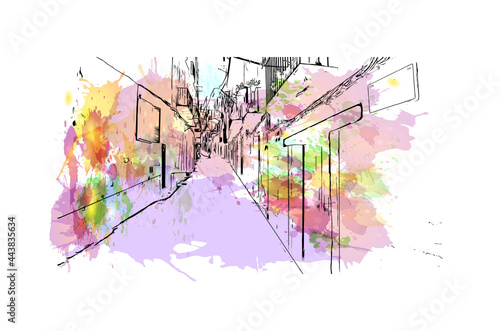 Building view with landmark of Ibiza town is the capital of Ibiza. Watercolor splash with hand drawn sketch illustration in vector.