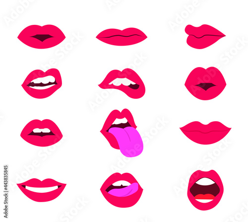 Set of lips vector icons design. Vector illustration of  different emotions, such as smile, kiss, half-open mouth, biting lip, lip licking, tongue out. Isolated on white.