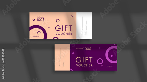 Abstract gift voucher card template. Modern discount coupon or certificate layout with geometric shape pattern. Vector fashion bright background design with information sample text.