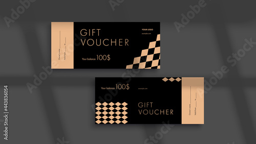 Abstract gift voucher card template. Modern discount coupon or certificate layout with geometric shape pattern. Vector fashion bright background design with information sample text.