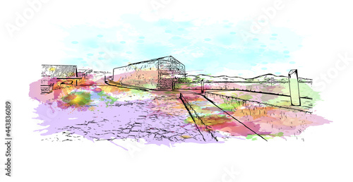 Building view with landmark of Ibiza town is the capital of Ibiza. Watercolor splash with hand drawn sketch illustration in vector.