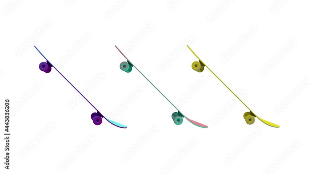 Close up Three colorful skateboard rotating mock up, 3d rendering looping animation movement, isolated on white background. Close up Three colorful skateboard rotating mock up, 3d rendering looping animation movement, isolated on white background.