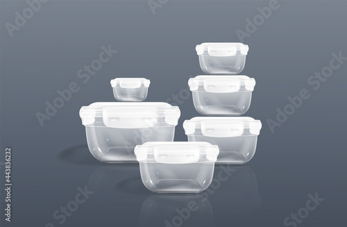 Transparent plastic containers, clear food boxes with lid. Vector realistic set of 3d empty square tray for products and snack. Kitchen storage bowl with cover, lunchbox