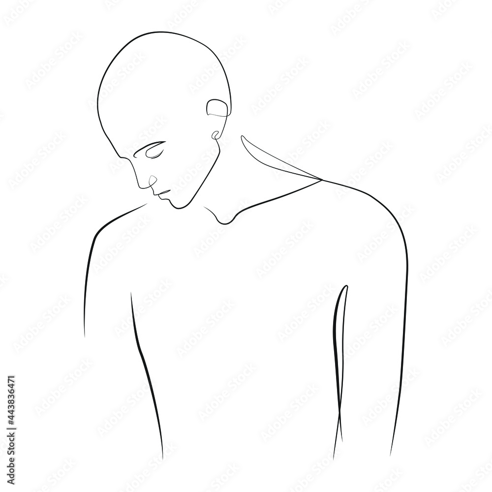 Sad man stands with his head down line art on white isolated background Sad man stands with his head down line art on white isolated background