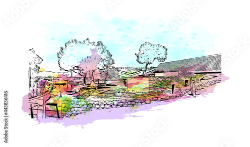 Building view with landmark of Ibiza town is the capital of Ibiza. Watercolor splash with hand drawn sketch illustration in vector.