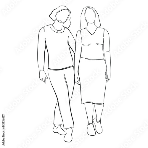Two women stand side by side and hug line art on white isolated background