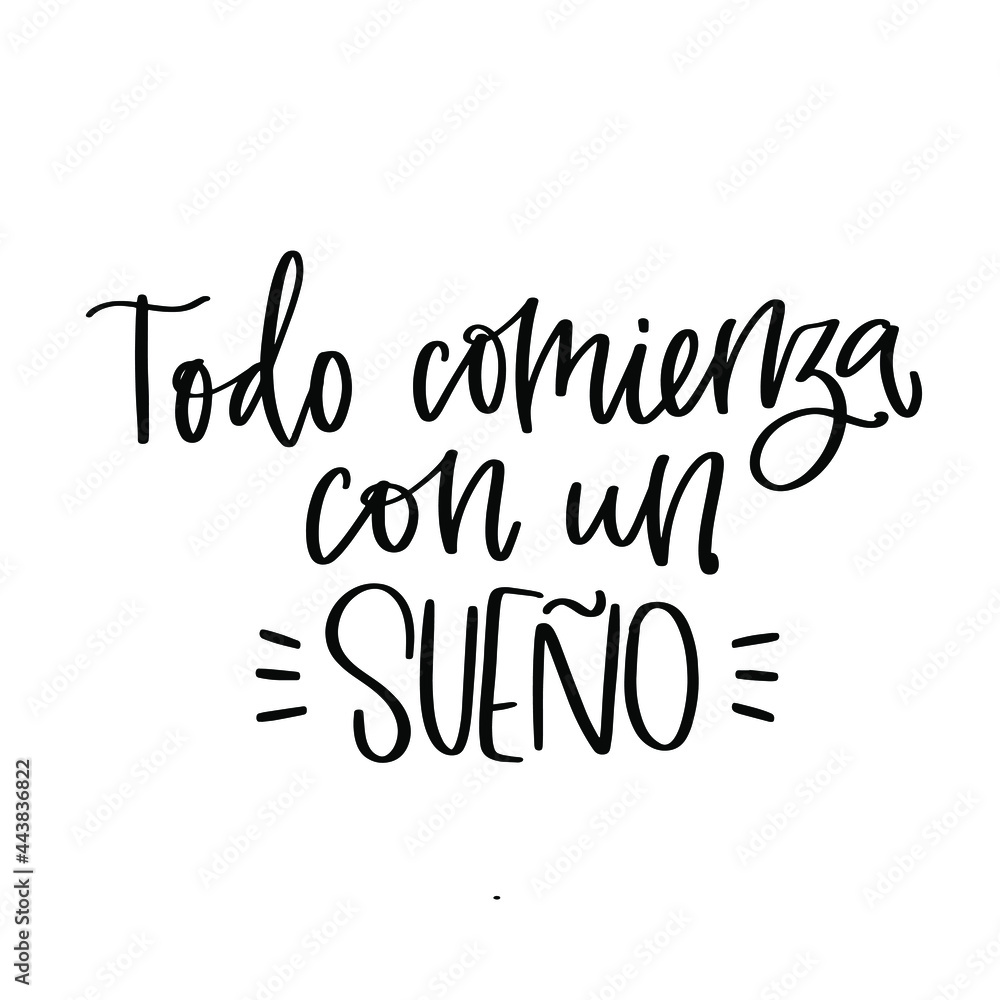 Success short quote vector design with Todo comienza con un sueño, which means Everything starts with a dream in Spanish language calligraphy message. Short motivational saying.