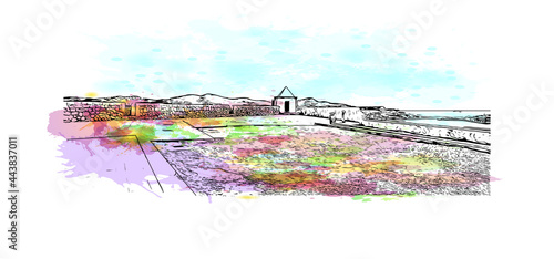 Building view with landmark of Ibiza town is the capital of Ibiza. Watercolor splash with hand drawn sketch illustration in vector.