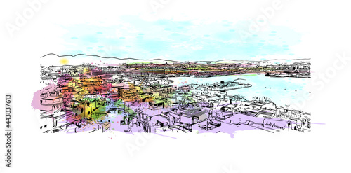 Building view with landmark of Ibiza town is the capital of Ibiza. Watercolor splash with hand drawn sketch illustration in vector.