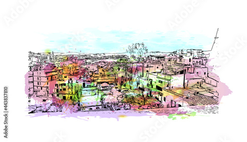 Building view with landmark of Ibiza town is the capital of Ibiza. Watercolor splash with hand drawn sketch illustration in vector.