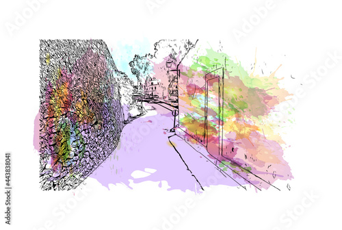 Building view with landmark of Ibiza town is the capital of Ibiza. Watercolor splash with hand drawn sketch illustration in vector.