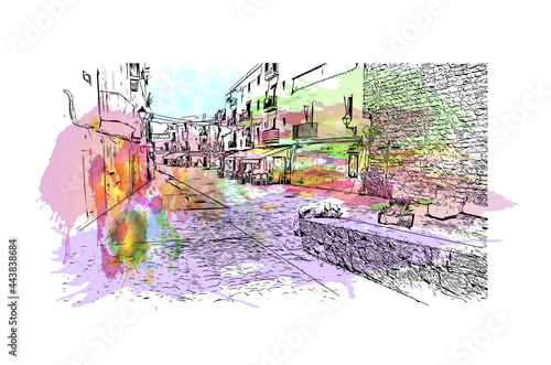 Building view with landmark of Ibiza town is the capital of Ibiza. Watercolor splash with hand drawn sketch illustration in vector.