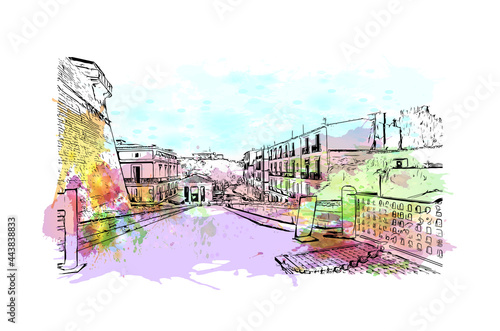 Building view with landmark of Ibiza town is the capital of Ibiza. Watercolor splash with hand drawn sketch illustration in vector.