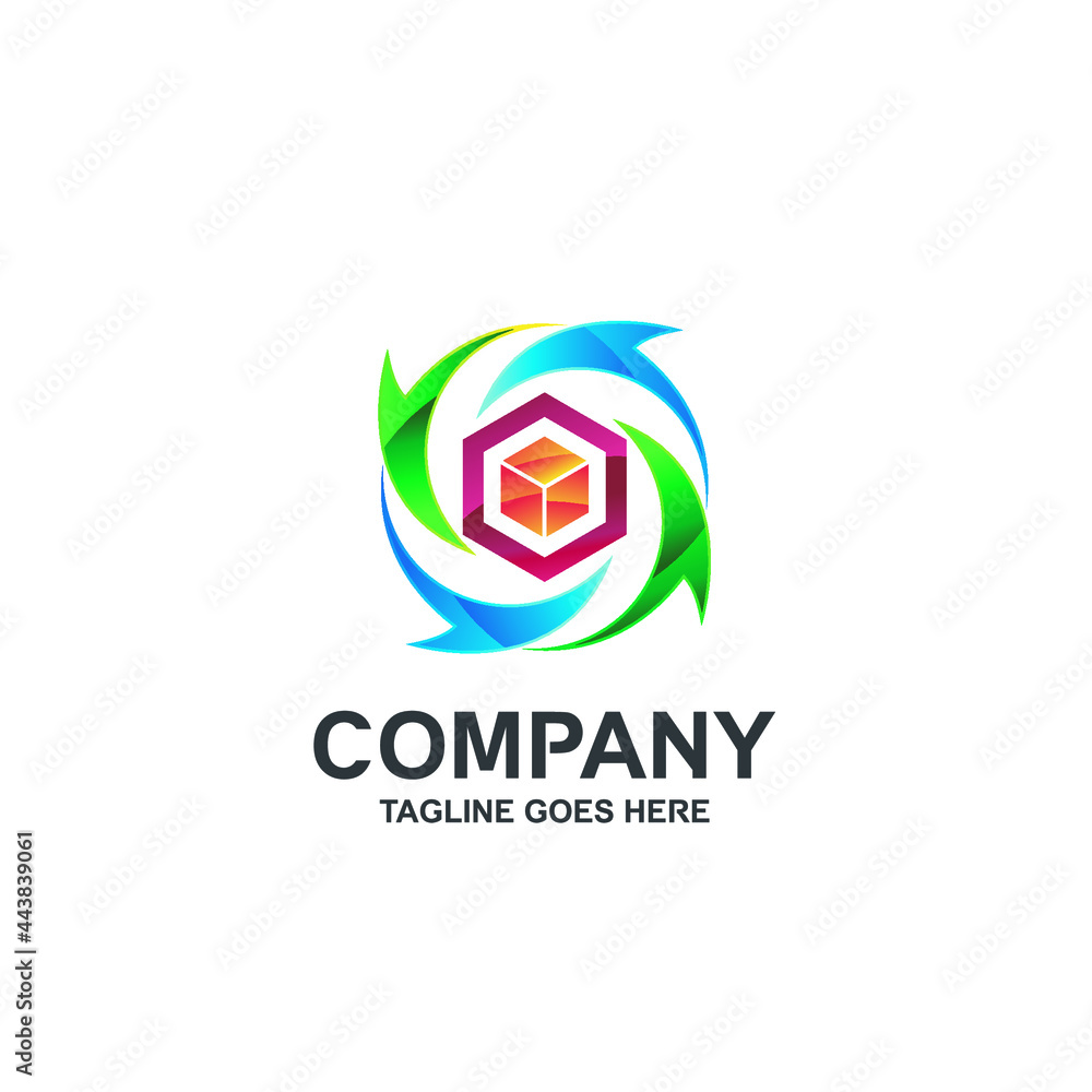 Cube and circular arrows logo design Cube and circular arrows logo design