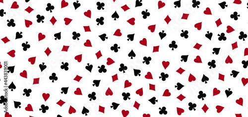 Pattern of card suits spades hearts diamonds and clubs. Casino card games and poker background.