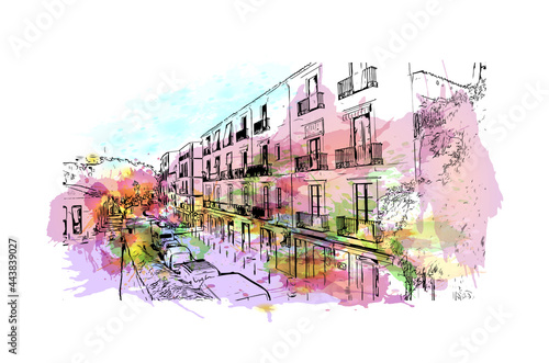 Building view with landmark of Ibiza town is the capital of Ibiza. Watercolor splash with hand drawn sketch illustration in vector.
