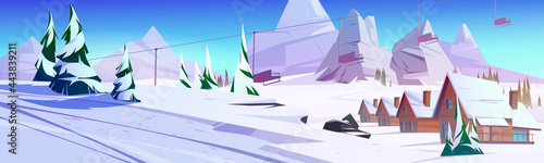 Winter mountain landscape with houses or chalet and funicular. Ski resort settlement with cableway over spruce trees and snowy peaks. Wintertime holidays vacation cottages, Cartoon vector illustration