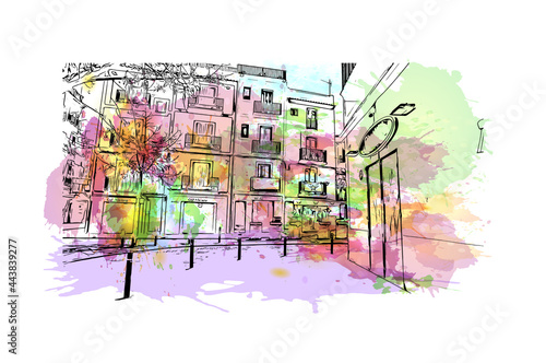 Building view with landmark of Ibiza town is the capital of Ibiza. Watercolor splash with hand drawn sketch illustration in vector.