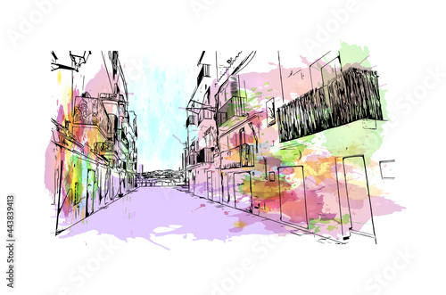 Building view with landmark of Ibiza town is the capital of Ibiza. Watercolor splash with hand drawn sketch illustration in vector.