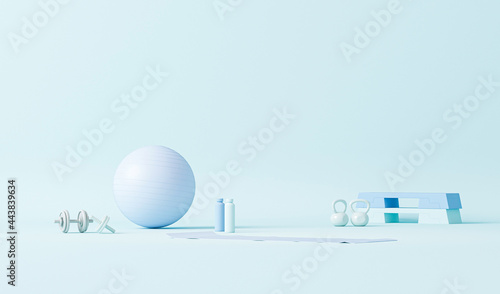 Fitness ball, weights and water bottle.Pastel blue and purple colors scene. Trendy 3d render for sport fitness equipment, female concept, lifting in the gym and exercise daily background. Healthy 