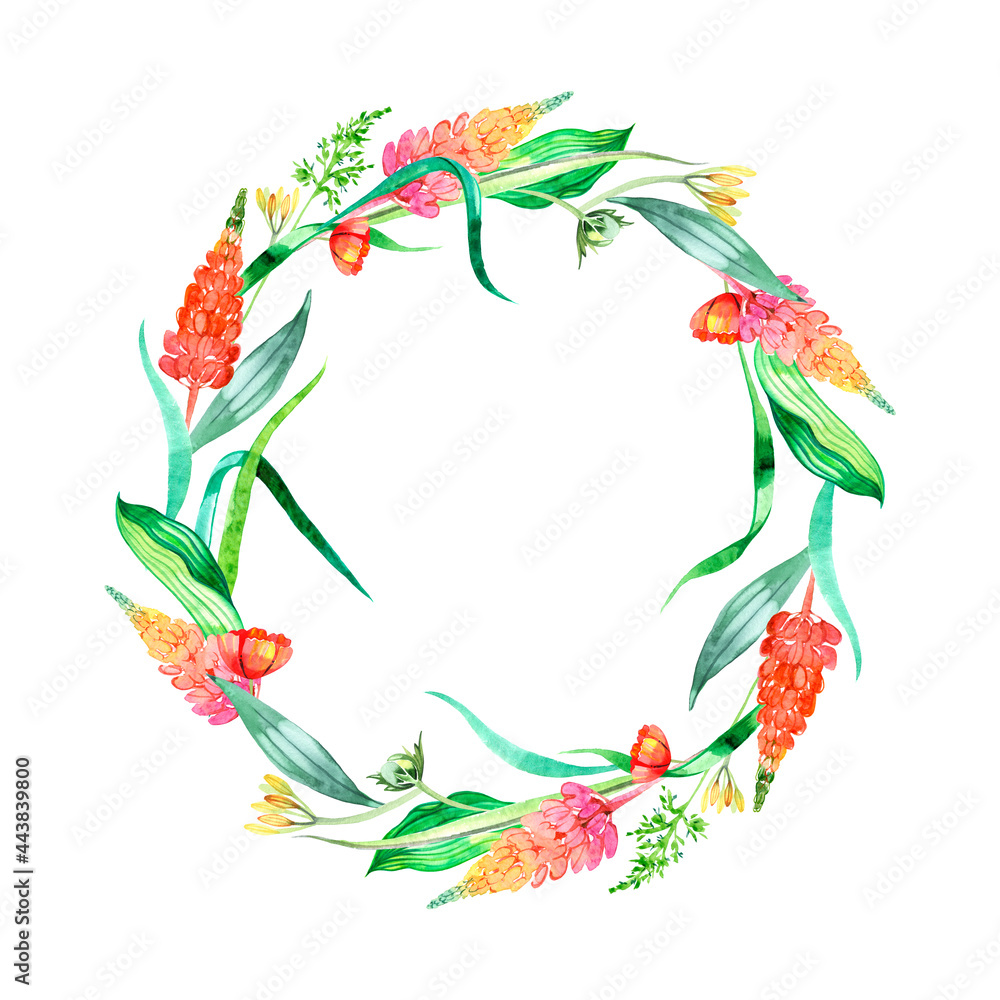 Naklejka premium Watercolor flower arrangement. wreath of lupinus. Design for printing postcards, invitations to wedding, birthday and summer holiday.