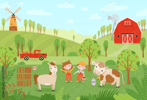 Landscape farm. Cute background with farm animals in a flat style. Children farmers are harvesting crops. Illustration with pets  children  mill  pickup  barn  at the ranch. Vector