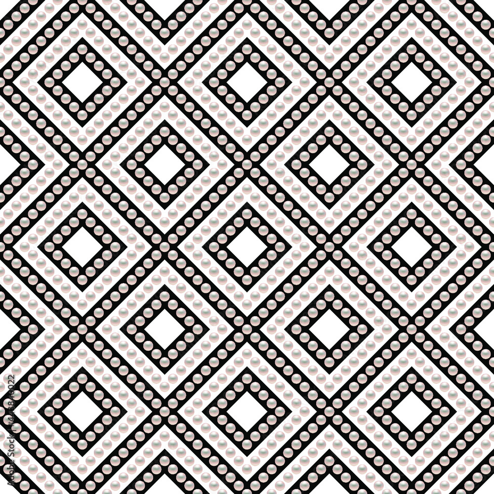 Black and white luxury background with rhombuses and pearls. Seamless vector illustration. Black and white luxury background with rhombuses and pearls. Seamless vector illustration.
