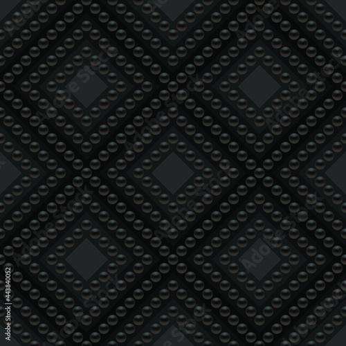 Black luxury background with small black beads and rhombuses. Seamless vector illustration. 