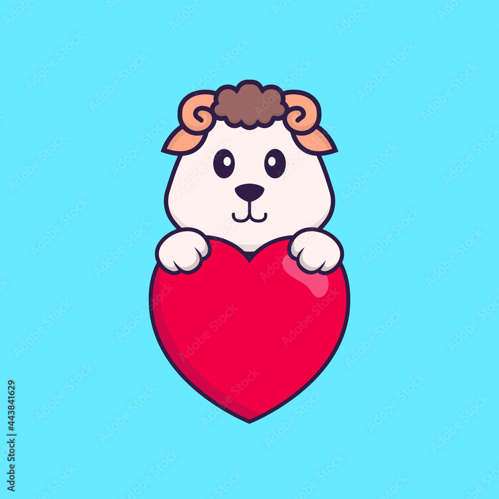 Cute sheep holding a big red heart. Animal cartoon concept isolated. Can used for t-shirt, greeting card, invitation card or mascot. Flat Cartoon Style Cute sheep holding a big red heart. Animal cartoon concept isolated. Can used for t-shirt, greeting card, invitation card or mascot. Flat Cartoon Style