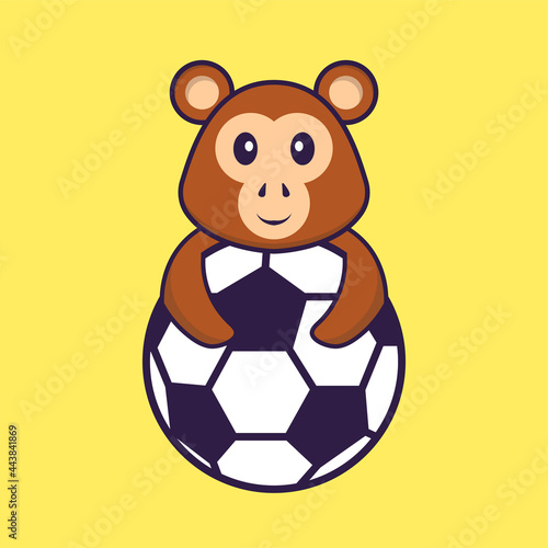 Cute monkey playing soccer. Animal cartoon concept isolated. Can used for t-shirt  greeting card  invitation card or mascot. Flat Cartoon Style