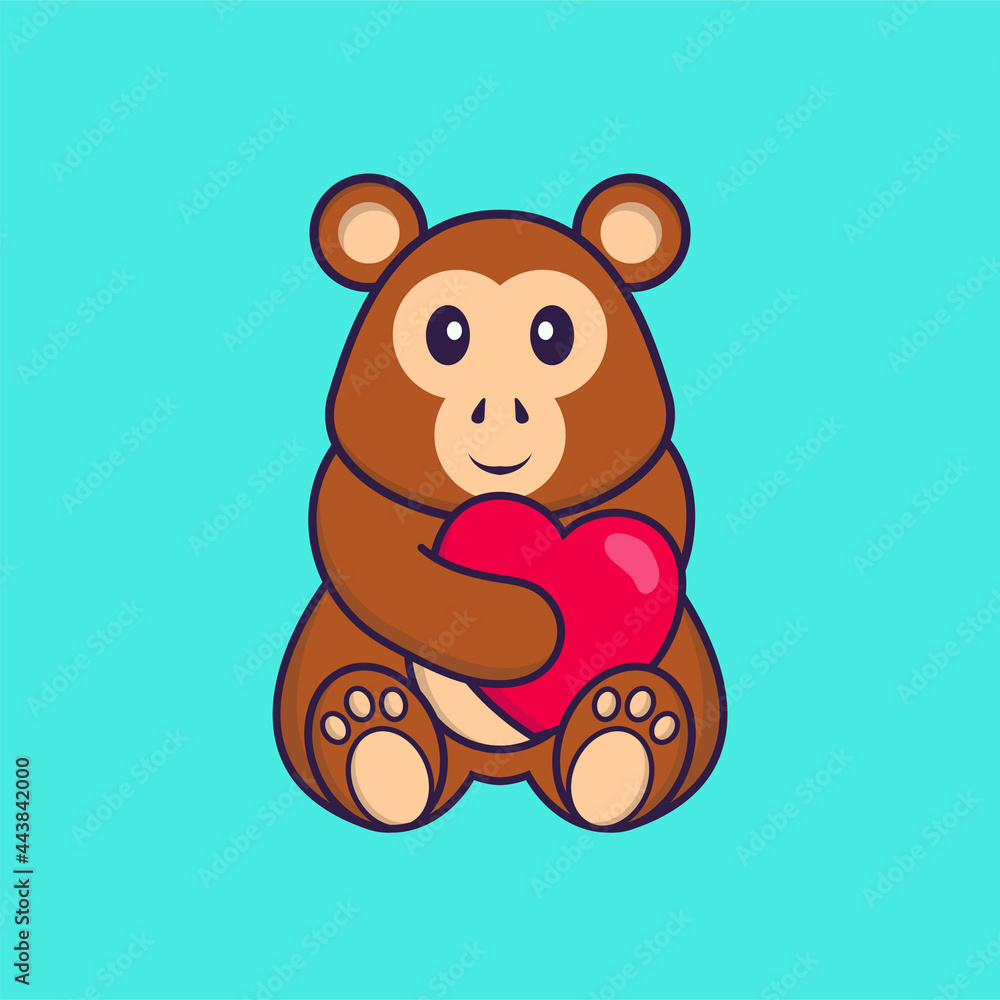 Cute monkey holding a big red heart. Animal cartoon concept isolated. Can used for t-shirt, greeting card, invitation card or mascot. Flat Cartoon Style Cute monkey holding a big red heart. Animal cartoon concept isolated. Can used for t-shirt, greeting card, invitation card or mascot. Flat Cartoon Style
