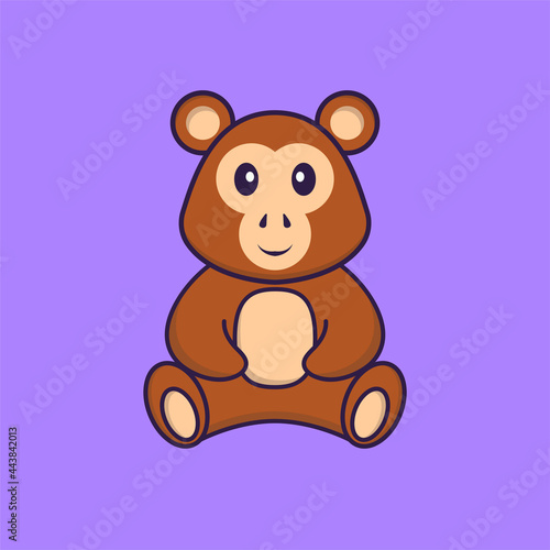 Cute monkey is sitting. Animal cartoon concept isolated. Can used for t-shirt, greeting card, invitation card or mascot. Flat Cartoon Style