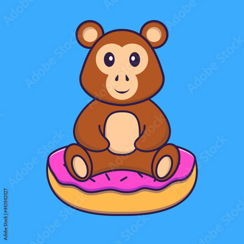 Cute monkey is sitting on donuts. Animal cartoon concept isolated. Can used for t-shirt  greeting card  invitation card or mascot. Flat Cartoon Style
