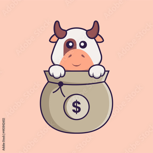 Cute cow playing in money bag. Animal cartoon concept isolated. Can used for t-shirt, greeting card, invitation card or mascot. Flat Cartoon Style