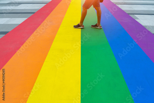 Gay pride rainbow colors serve as crosswalk in Midtown,Thailand.man is walking on crosswalk in LGBT colors of road or street.Focus at color.
